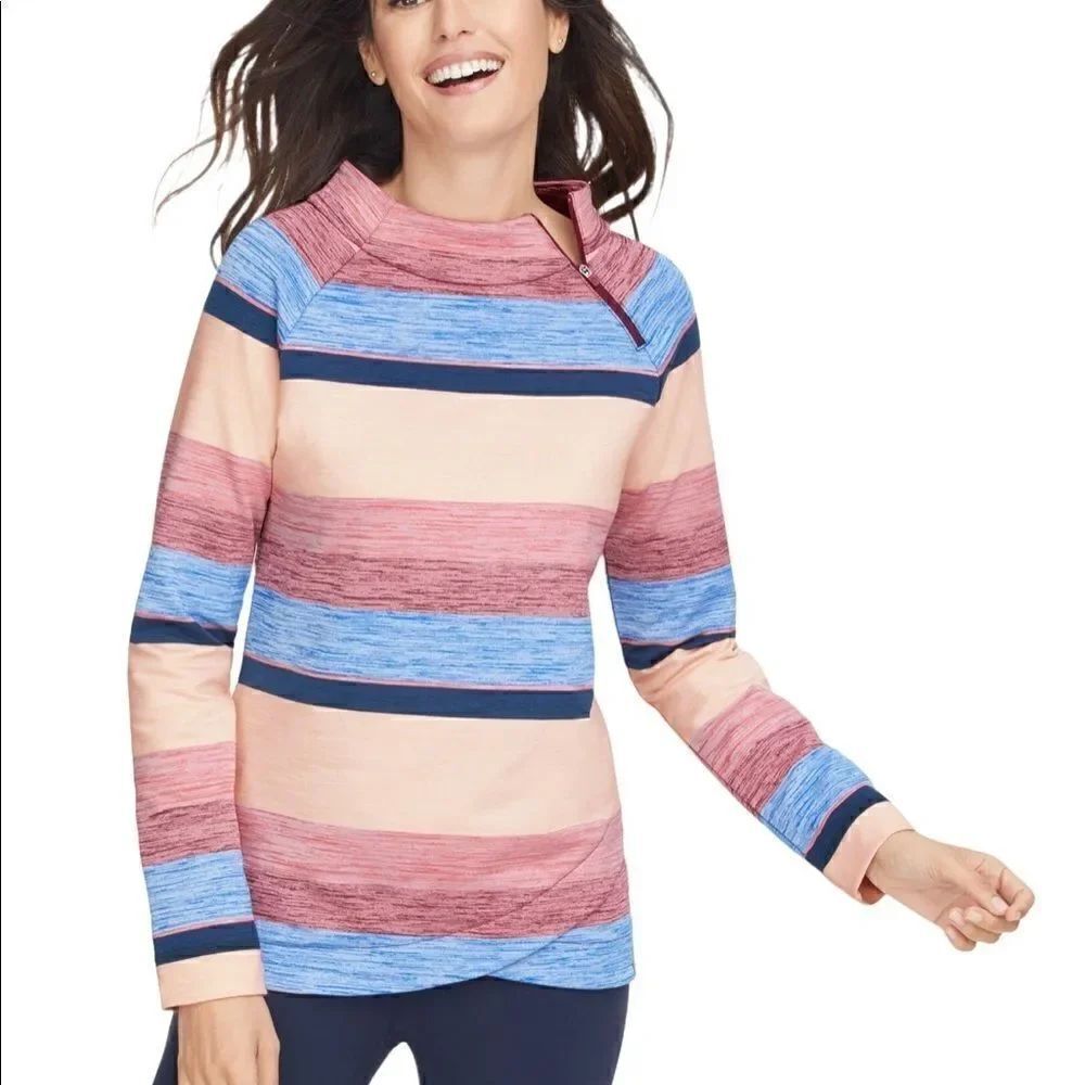 Talbot’s Zip Mock Neck Striped Top Pink Blue PXL NWT